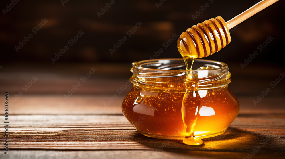 Close-up of a jar of honey, a dipper with dripping honey, on a wooden table with dark background. Generative AI