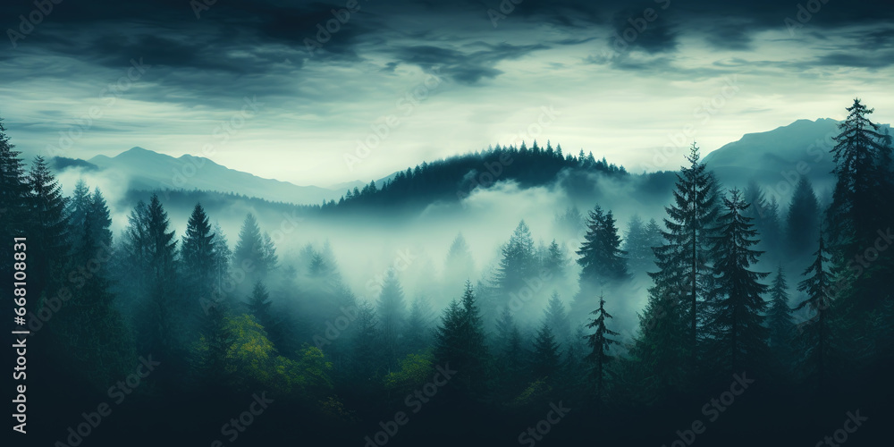 Misty mountain landscape with fir forest in vintage retro style. Generative AI