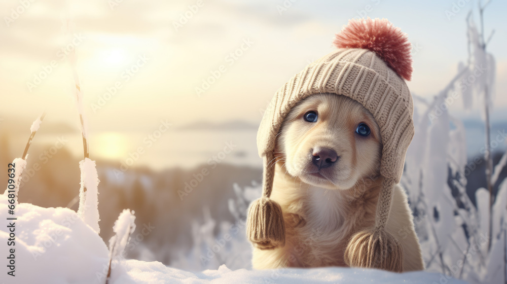 Puppy in wihter hat over a snowy winter landscape, christmas cute dog concept 