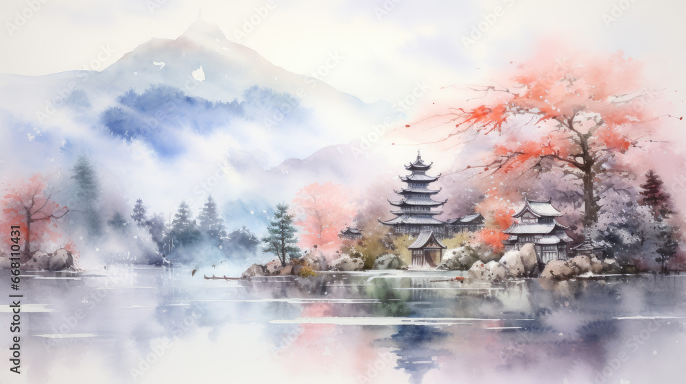 Watercolor japan concept art painting style, asian landscape in water color 