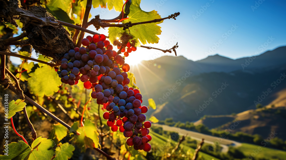 A large bunch of ripe blue grapes on the vine, with blurred mountains on background. Generative AI