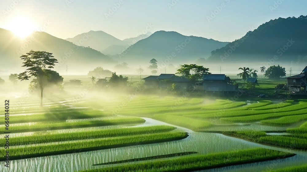 Beautiful mystery green rice fields covered by morning fog, mountain in the background. Generative AI