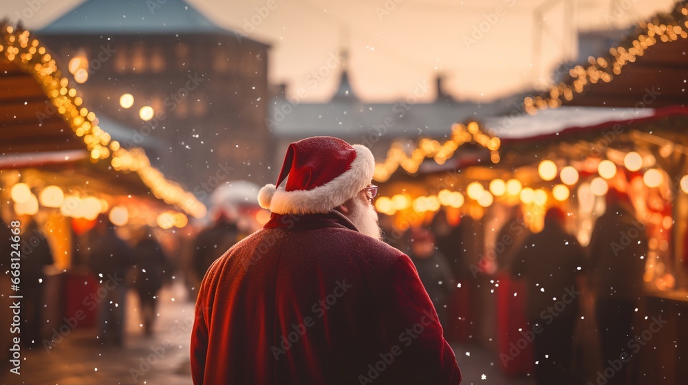 Elderly gentleman in Santa Claus clothing standing in vibrant Christmas market. Old man looking to festive decorations, twinkling lights, and holiday ornaments in the market. Winter season vibe.