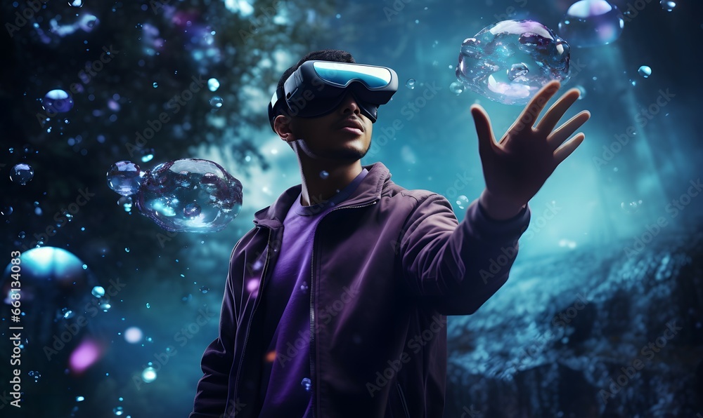 man wearing vr goggles interacting with bubbles in virtual space