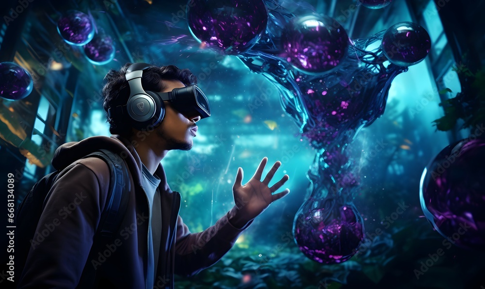 man wearing vr goggles interacting with bubbles in virtual space