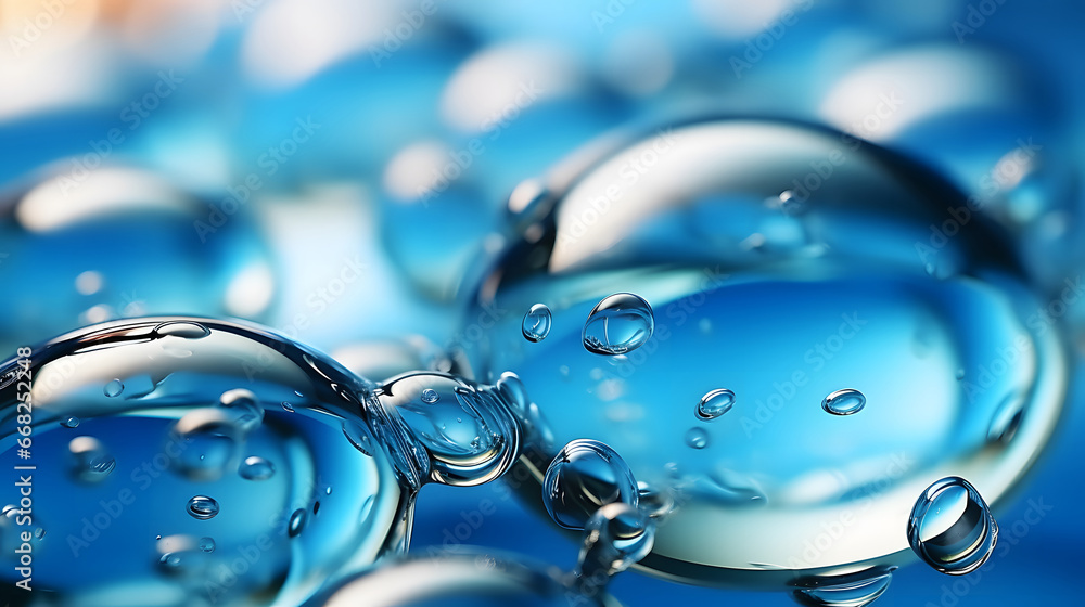 Hyaluronic acid molecules. Hydrated chemicals, molecular structure and blue spherical molecule. Microscope h2o water molecules, Blue light transparent liquid bubbles, Scientific and cosmetology 