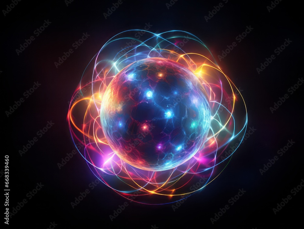 Atom Ball with Lighted Lights Floats in the Vast Expanse of Space, Merging the Intricacies of Atomic Structure with the Enigmatic Wonders of the Universe in a Celestial Scientific Vision