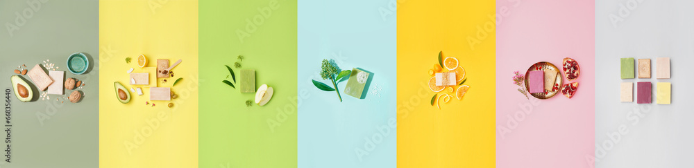 Set of different natural soap bars on color background, top view