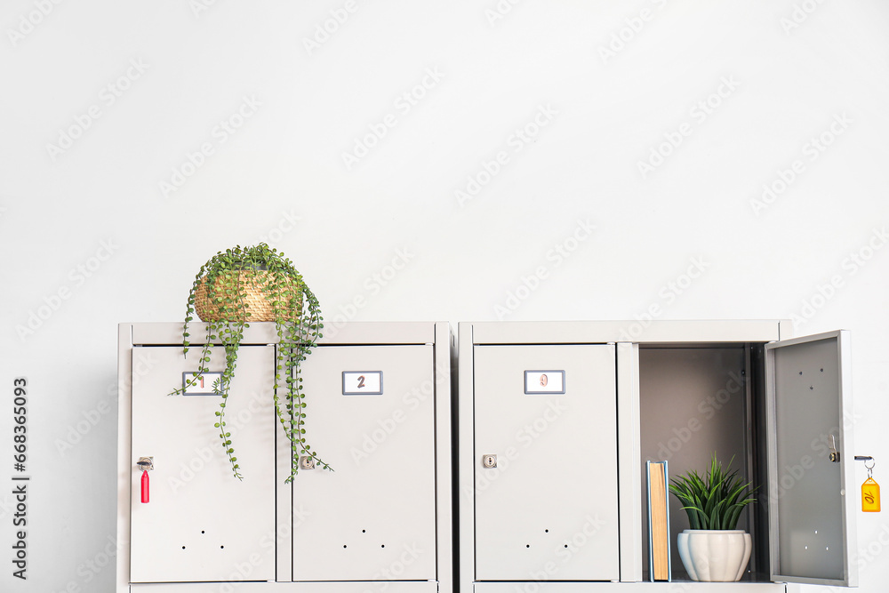 Modern locker with book and plants near light wall