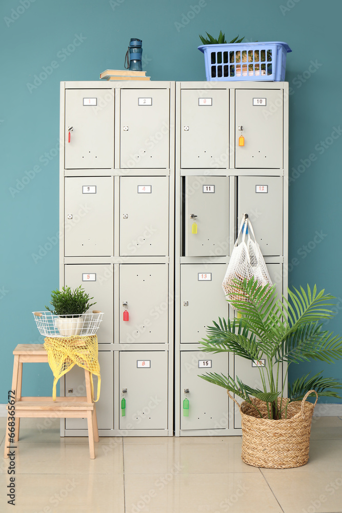 Modern locker and stepladder with plants near blue wall