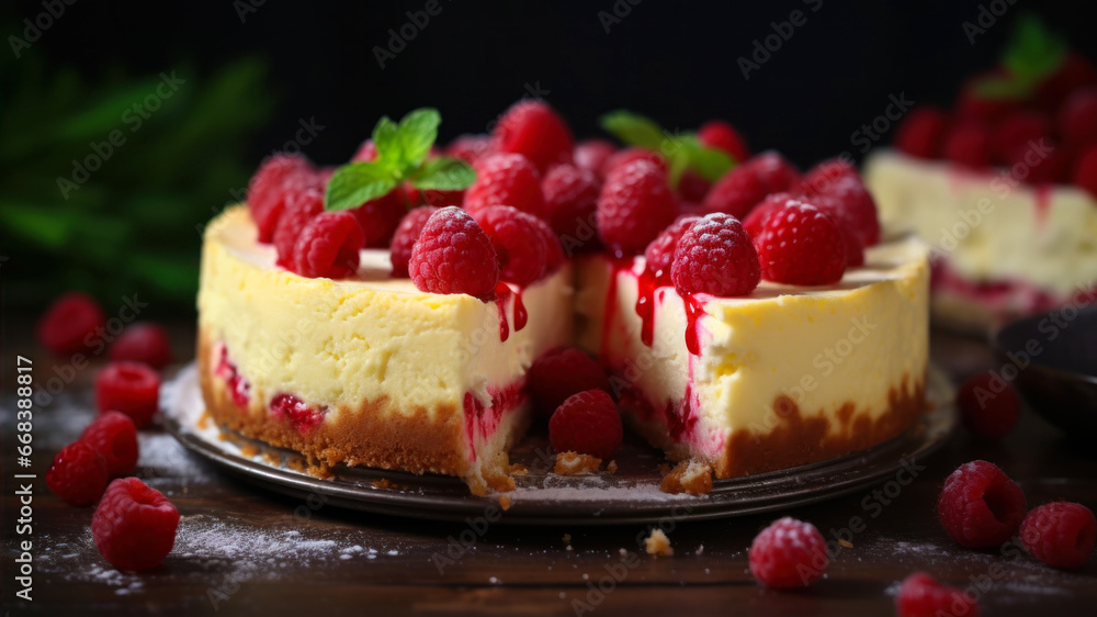 Delicious cheesecake with raspberries on wooden table, closeup