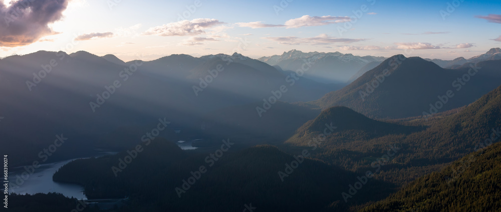 Canadian Mountain Landscape. Aerial Panoramic View. Cloudy Sunset