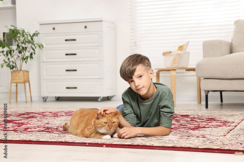 Little boy petting cute ginger cat on carpet at home