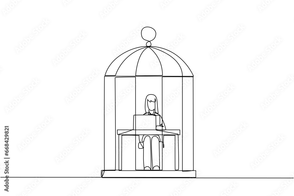 Single one line drawing businesswoman trapped in cage sitting and typing on laptop computer. Tiring routine. Unhappy businesswoman with the many deadline. Continuous line design graphic illustration