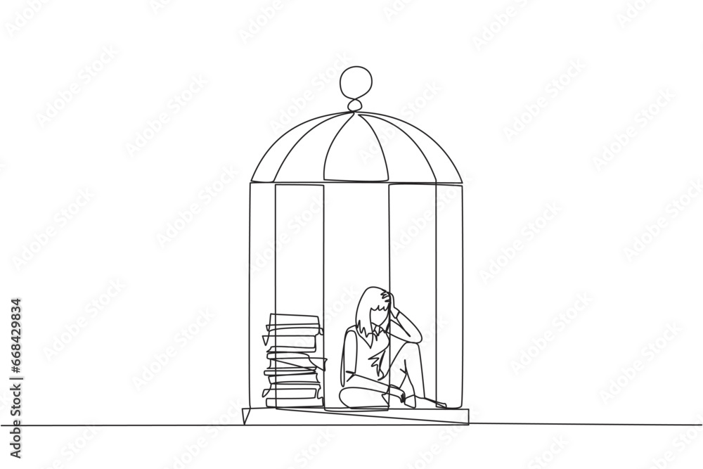 Continuous one line drawing businesswoman trapped in cage sitting down frustrated. Stress with piling up unfinished work until close to deadline. Exhausted. Single line draw design vector illustration