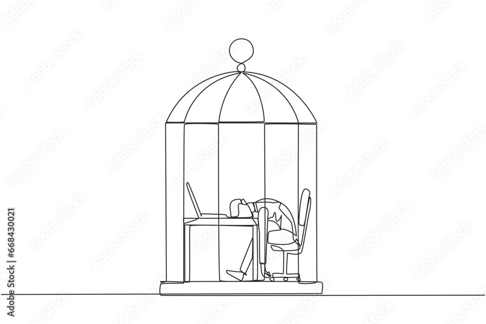 Single continuous line drawing businessman trapped in cage asleep on laptop computer. Tired of repetitive routines. The many deadlines require overtime every day. One line design vector illustration