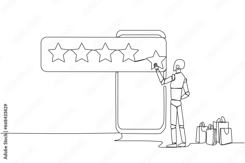 Continuous one line drawing robot standing facing giant smartphone trying to stick one star, that it becomes 5 stars. Reviews given to online stores. Future tech. Single line draw vector illustration