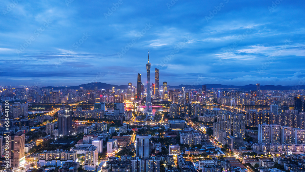 Aerial photography of modern architectural landscapes at night in Guangzhou, China