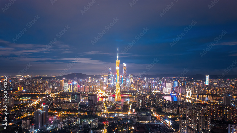 Aerial photography of modern architectural landscapes at night in Guangzhou, China