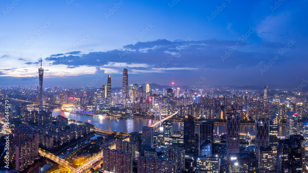 Aerial photography of modern architectural landscapes at night in Guangzhou, China