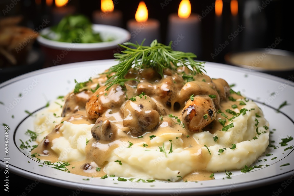 Small chunks of chicken in a white sauce on a plate with a pile of mashed potato.