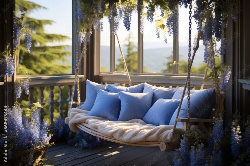 The large balcony of a house are decorated with blue bluebell flowers and a swing.