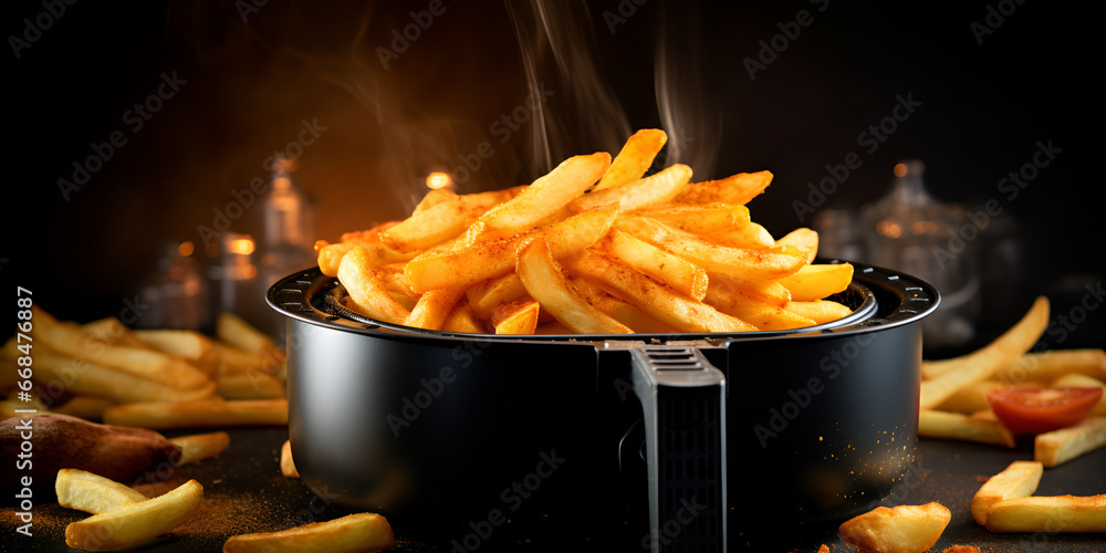 Air fryer with french fries on the worktop,  Air Fryer Magic: Perfectly Crisped French Fries on the Worktop 