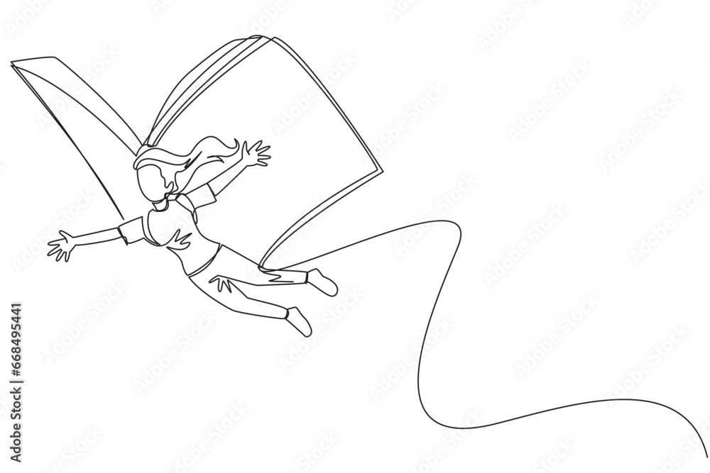 Continuous one line drawing brave woman flying with wings that come from an open big book. Metaphor carried away with the storyline. Constructive fantasy. Single line draw design vector illustration