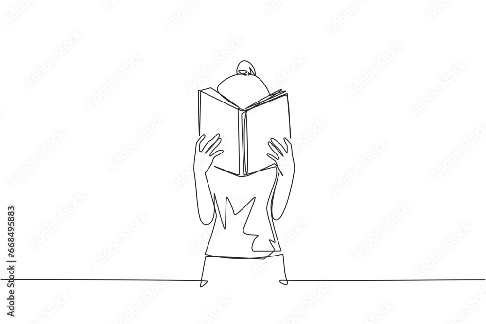 Single continuous line drawing woman seriously reading a book until cover the face. Nervous when facing the final exams. Try to focus. Reading increases insight. One line design vector illustration