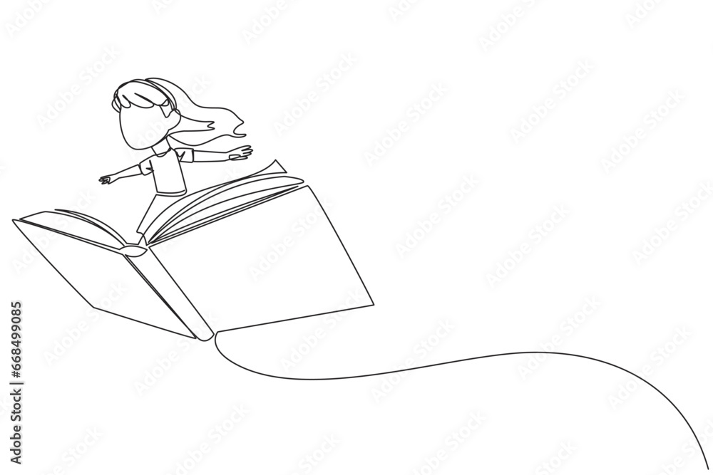 Continuous one line drawing girl standing on a large flying open book. Like riding a cloud, able to fly as high as possible. Reading increase insight. Love read. Single line design vector illustration