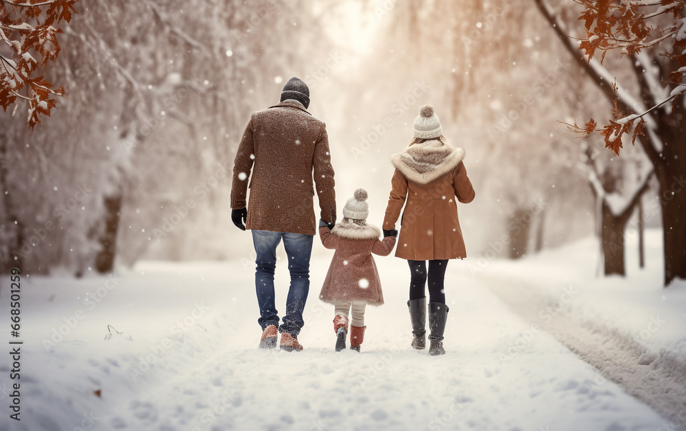 Parents with child walking in winter park