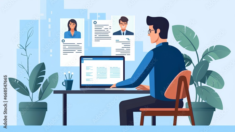 Remote hiring and online job interview concept. HR work with CV and application letter review to find best candidate for job position. Modern, digital approach to recruitment and selection process.