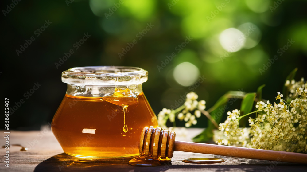 Close-up of a jar of honey with a honey dipper on a wooden table with a green natural background. Generative AI