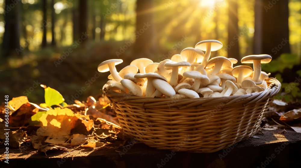 Oyster mushrooms in a wooden basket on a blurred background of the autumn forest. Generative AI