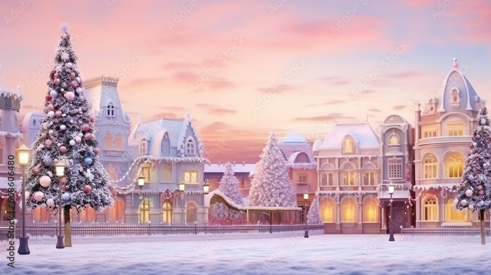 Winter cute town with snow-covered street and cozy houses. Town landscape background, greeting card. Generative AI