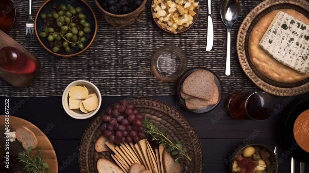 Overhead view of a wholesome gourmet spread, featuring cheese, olives, and artisanal bread on a textured backdrop, ready for a delightful meal. generative AI