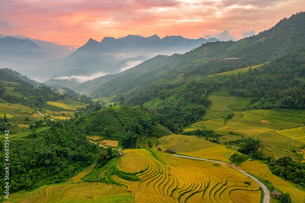 Aerial view of rice field or rice terraces , Sapa, Vietnam. Suoi Thau village