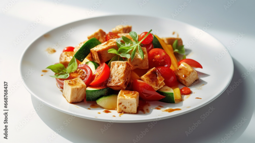 A vegan tofu salad with vegetables on white plate.