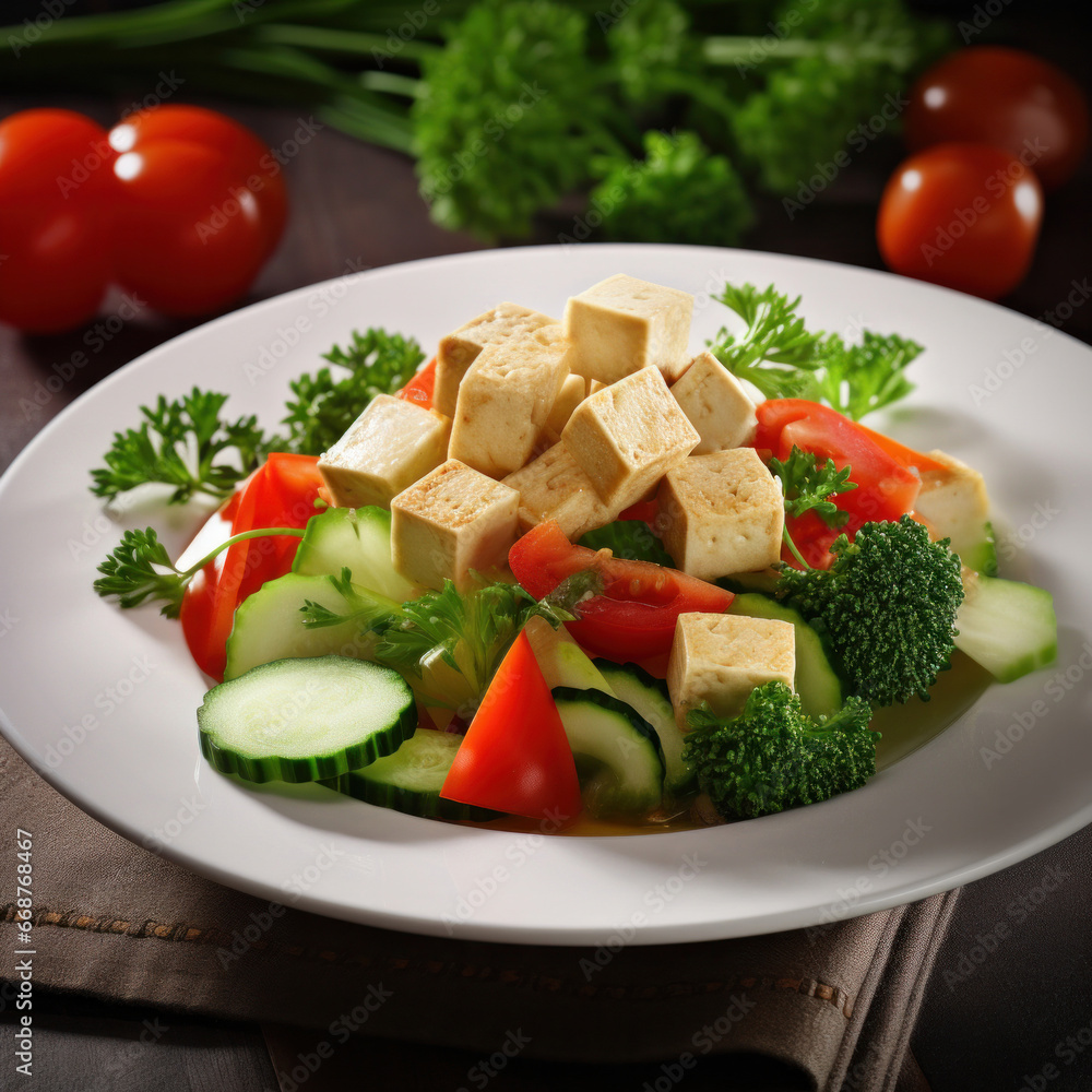 A vegan tofu salad with vegetables on white plate.