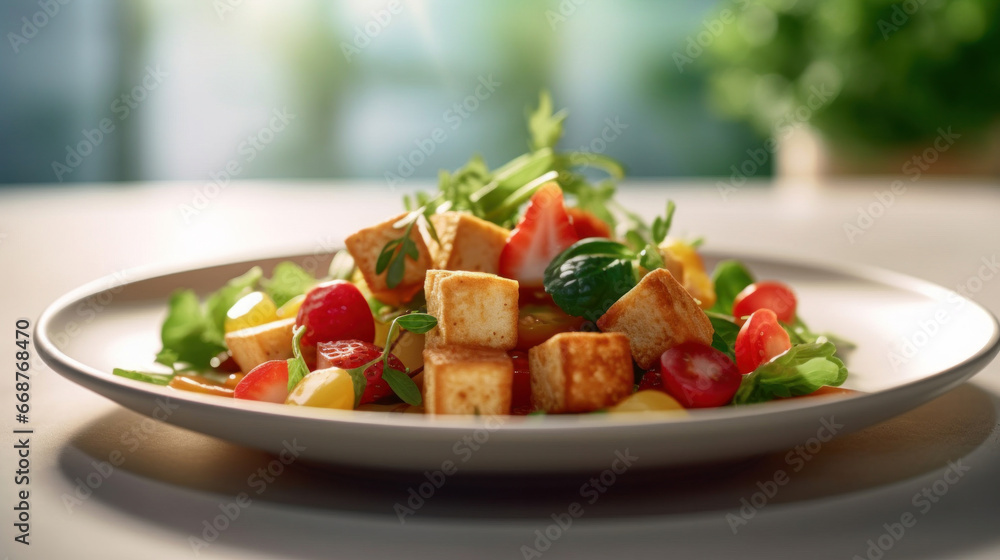 A vegan tofu salad with vegetables on white plate.