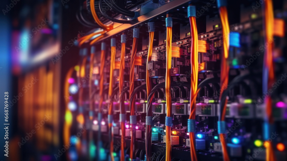 Internet cables and wires in server room with switch. Network background.