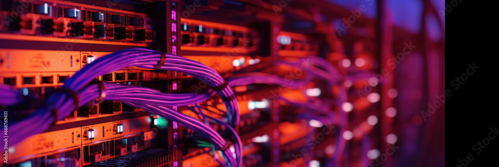 Internet cables and wires in server room with switch. Network background.