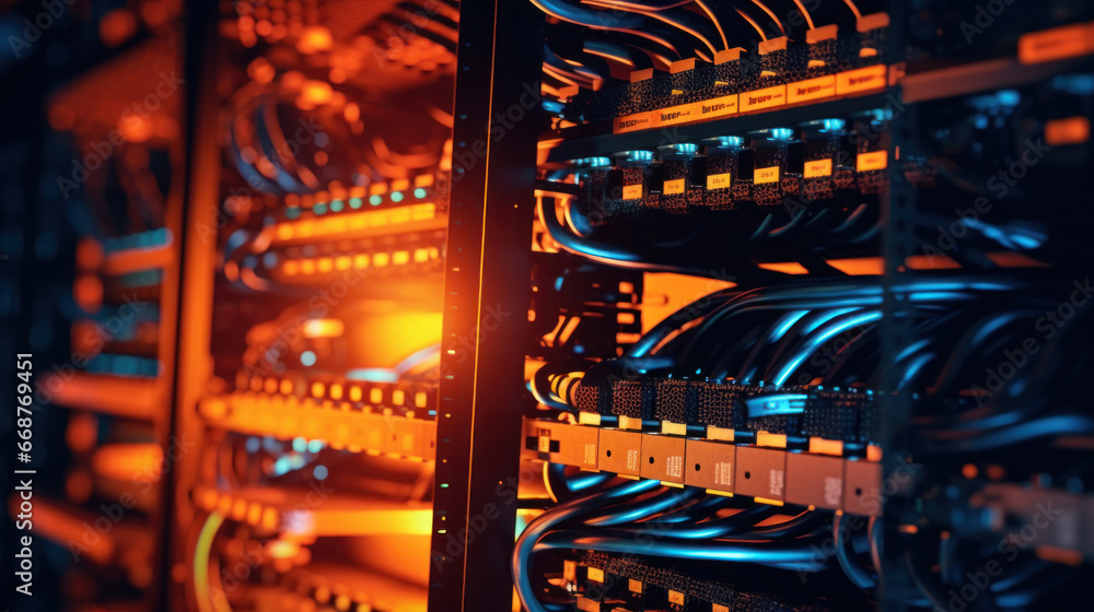 Internet cables and wires in server room with switch. Network background.