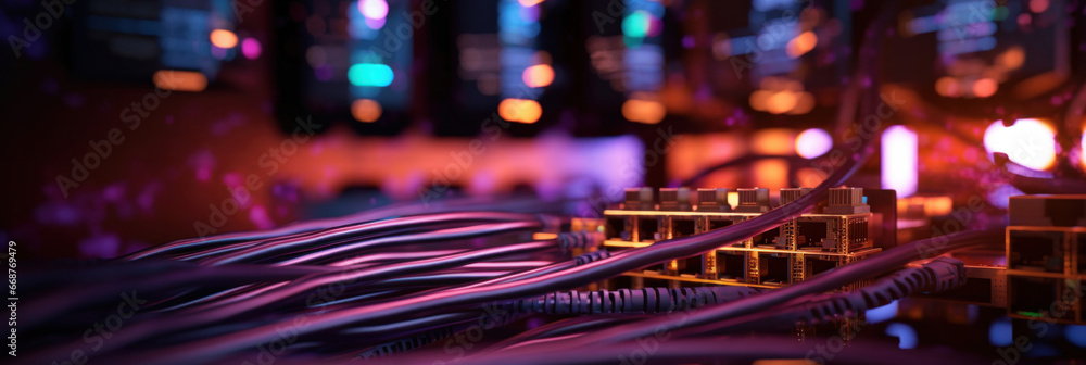 Internet cables and wires in server room with switch. Network background.