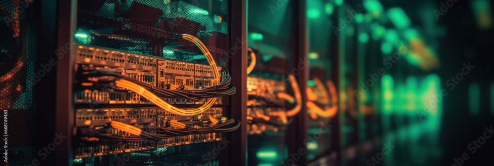 Internet cables and wires in server room with switch. Network background.