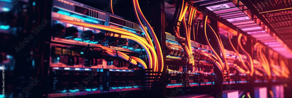 Internet cables and wires in server room with switch. Network background.