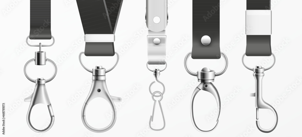 Metal claw clasp on black lanyards set vector illustration 