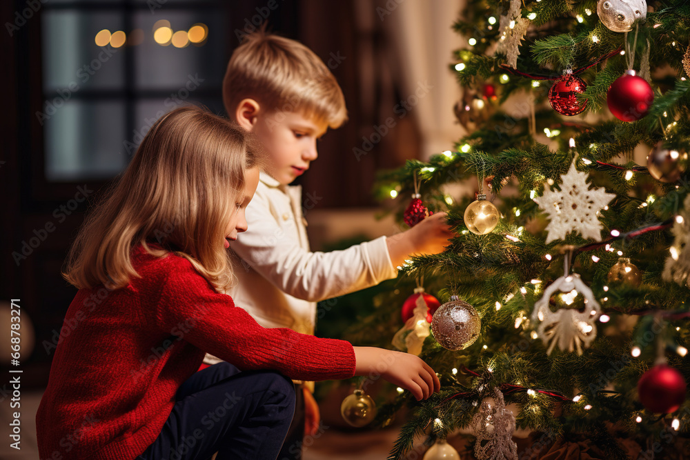 Happy boy and girl, brother and sister, decorate the Christmas tree