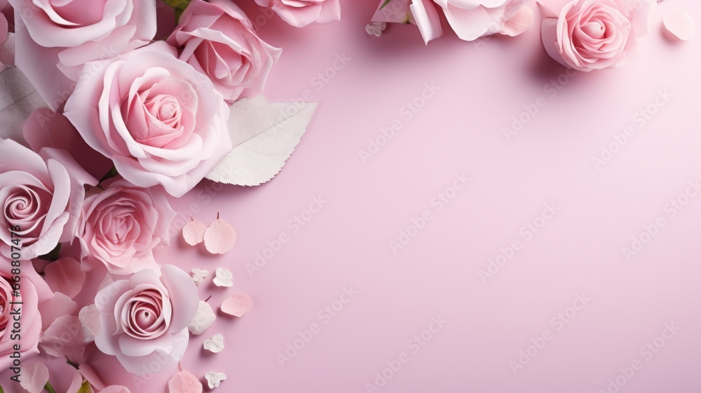 white pad with pink roses paper and blossoms on pink background