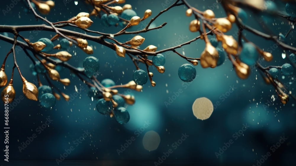 christmas branches under rain in bokeh background